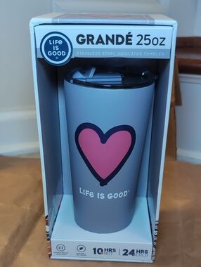 Life Is Good Gray Tumbler with Pink Heart - 25oz Stainless Steel